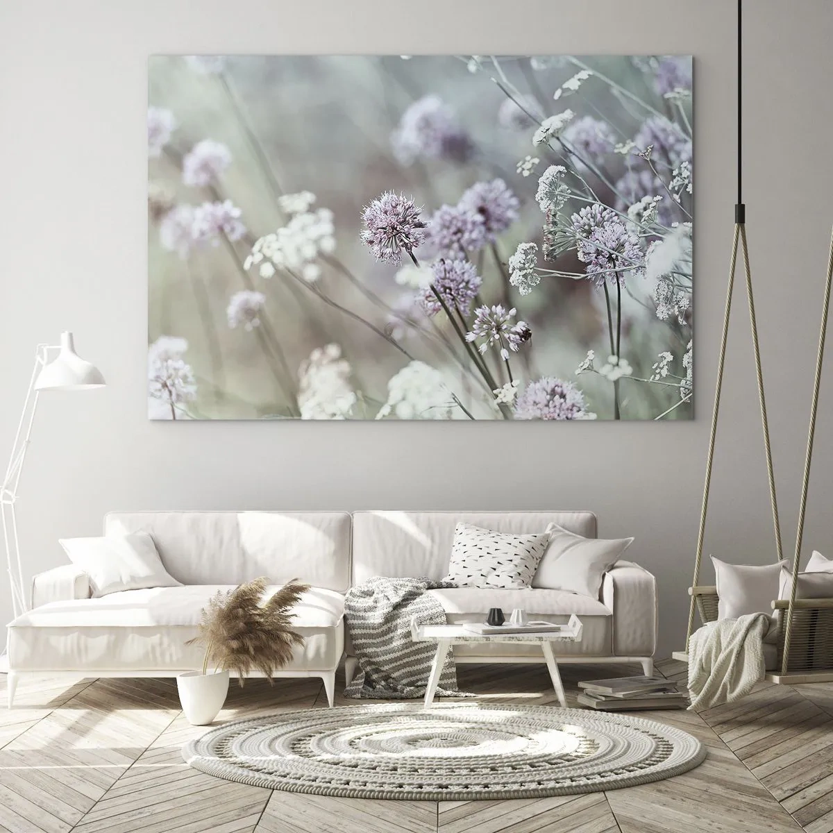 Obraz na skle - Jemné divoké kvety v pastelových odtieňoch - 70x50cm - Sladké filigrány byliniek - Moderná nástenná dekorácia do obývacej izby a spálne ARTTOR