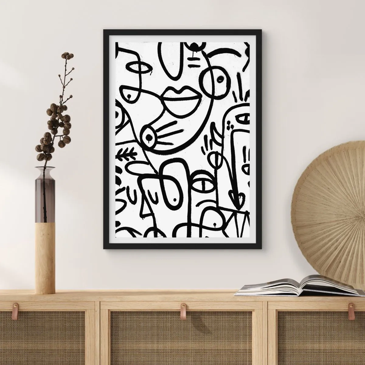 Plagát v čiernom ráme - Abstraktné čierne čiary na bielom pozadí - 50x70cm - Tváre a preludy - Moderná nástenná dekorácia do obývacej izby a spálne ARTTOR