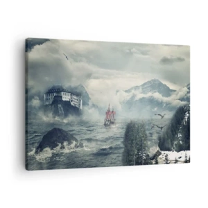 Obraz na plátne - Tajomná krajina s hradom, horami a loďou - 70x50cm - V kúzelných vodách - Moderná nástenná dekorácia do obývacej izby a spálne ARTTOR