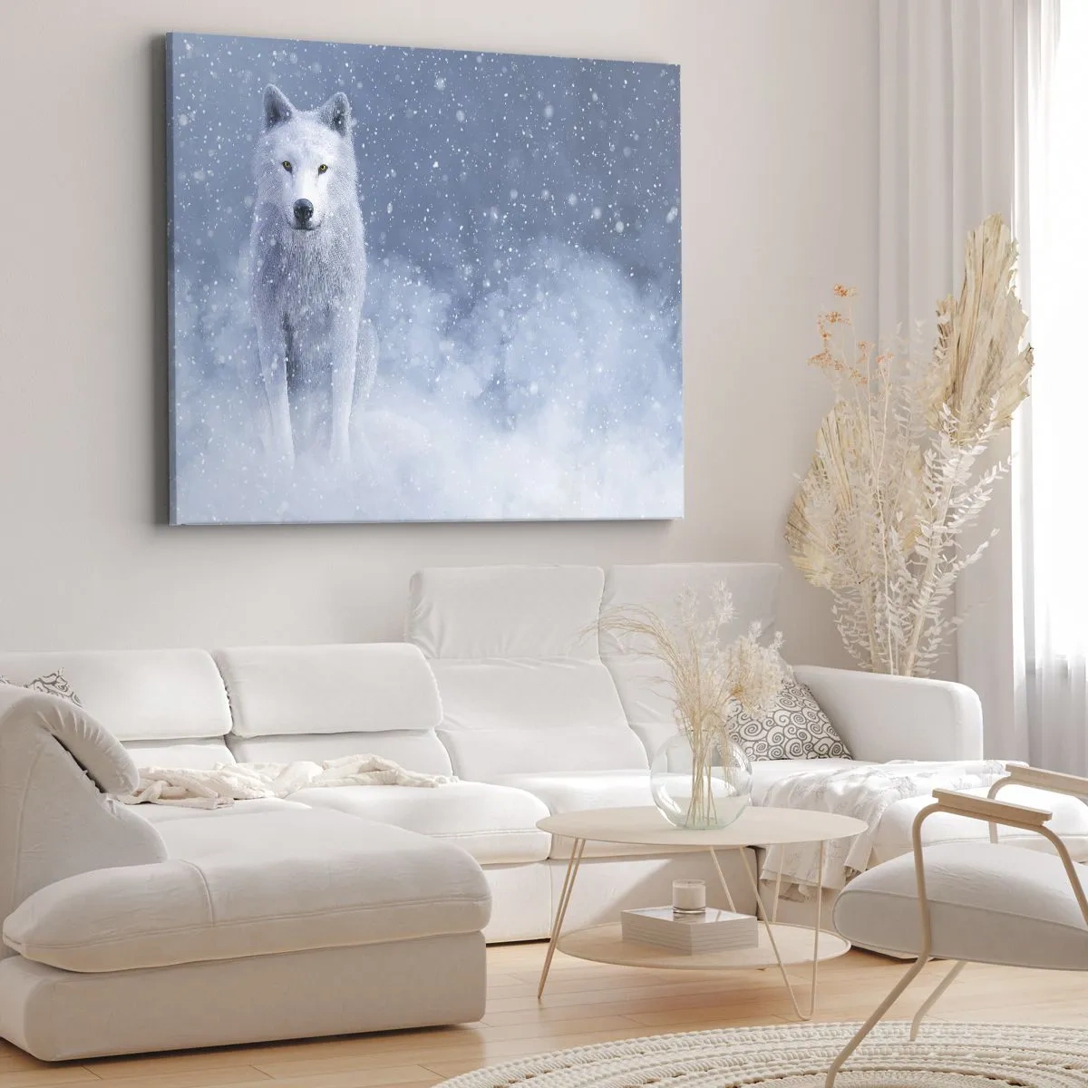 Obraz na plátne - Biely vlk v zasneženej krajine - 70x50cm - V zimnom duchu - Moderná nástenná dekorácia do obývacej izby a spálne ARTTOR