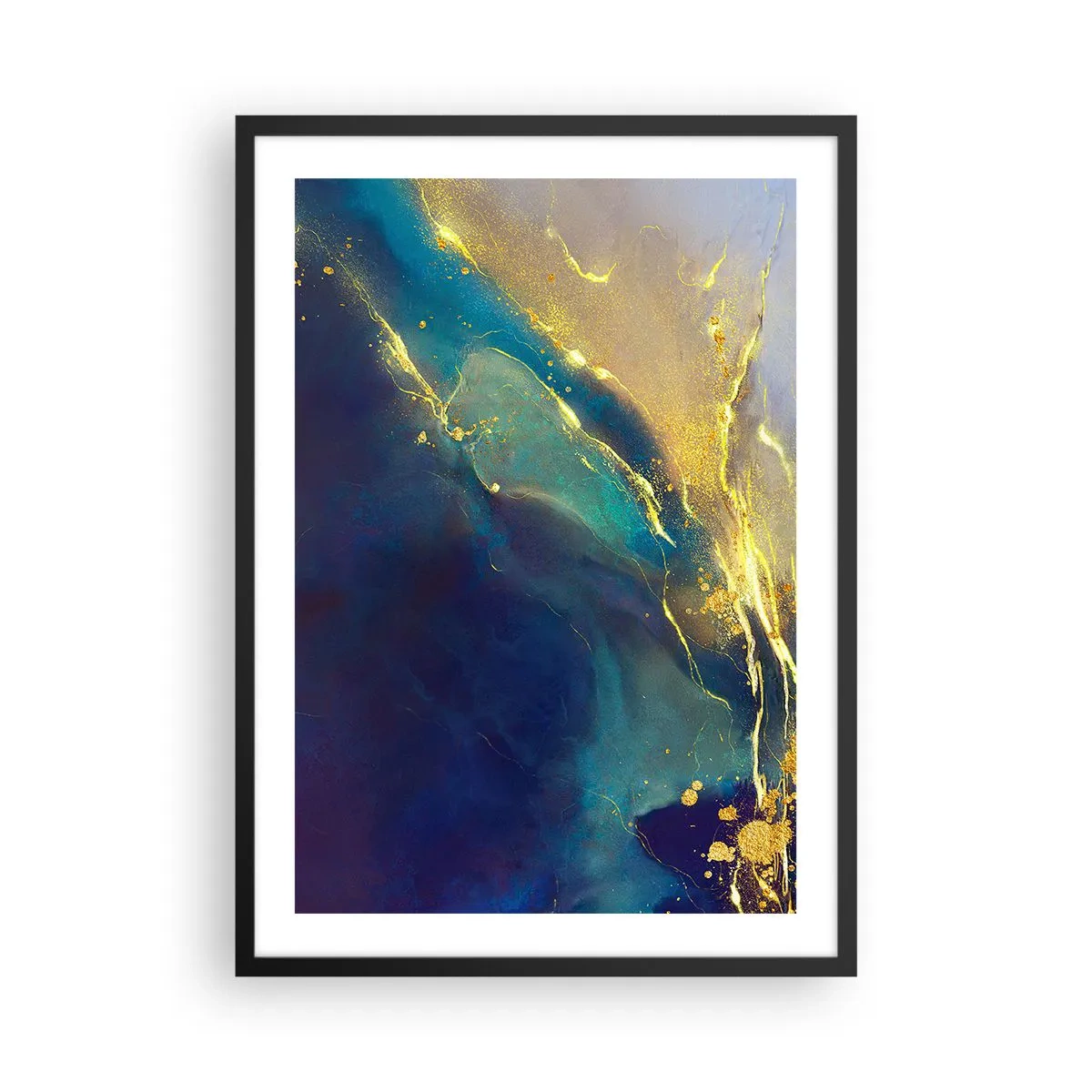 Plagát v čiernom ráme - Abstraktná kompozícia v odtieňoch tmavomodrej a zlatej - 50x70cm - Zlatý močiar - Moderná nástenná dekorácia do obývacej izby a spálne ARTTOR
