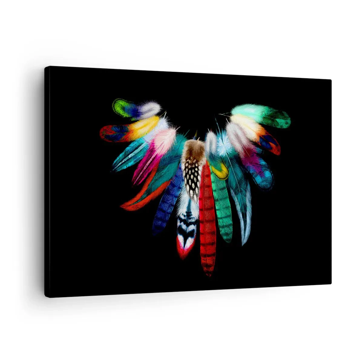 Obraz na plátne - Farebné perie na čiernom pozadí v umeleckej kompozícii - 70x50cm - Indiánsky náhrdelník - Moderná nástenná dekorácia do obývacej izby a spálne ARTTOR