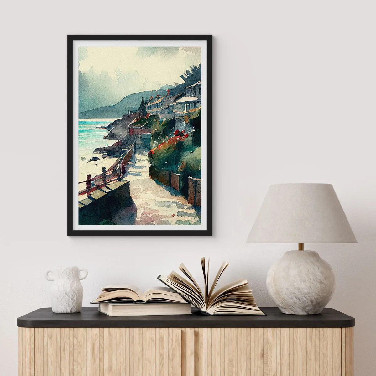 Plagát v čiernom ráme - Malebná prímorská cesta v akvarelovom štýle - 50x70cm - Stredomorské mestečko - Moderná nástenná dekorácia do obývacej izby a spálne ARTTOR