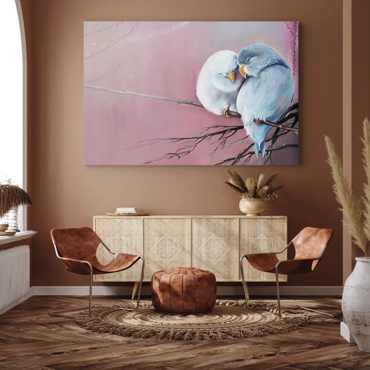 Obraz na plátne - Dva zamilované vtáky na konári na ružovom pozadí - 70x50cm - Čo k tomu dodať? - Moderná nástenná dekorácia do obývacej izby a spálne ARTTOR