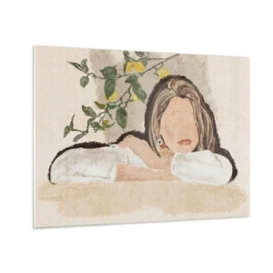 Obraz na skle - Žena opretá o stôl medzi konármi citrónovníka s bezvýraznou tvárou. - 70x50cm - Kráska z juhu - Moderná nástenná dekorácia do obývacej izby a spálne ARTTOR