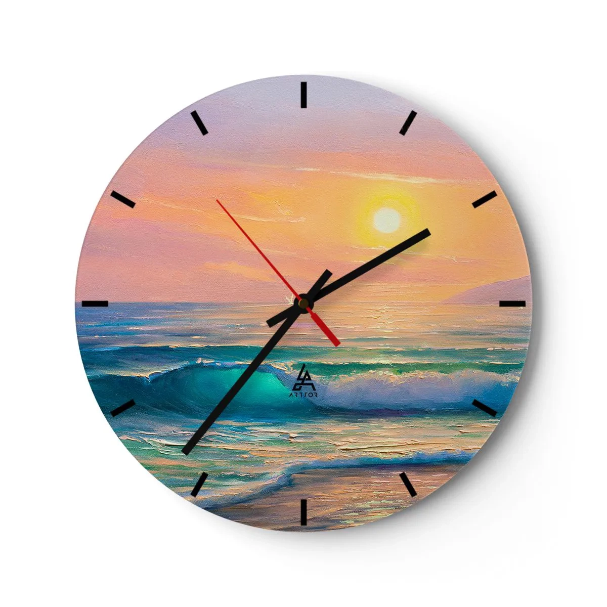 Nástenné hodiny - Malebný západ slnka nad pokojným oceánom - 30x30cm - Tyrkysová pieseň vĺn - Moderná nástenná dekorácia do obývacej izby, kuchyne a spálne ARTTOR