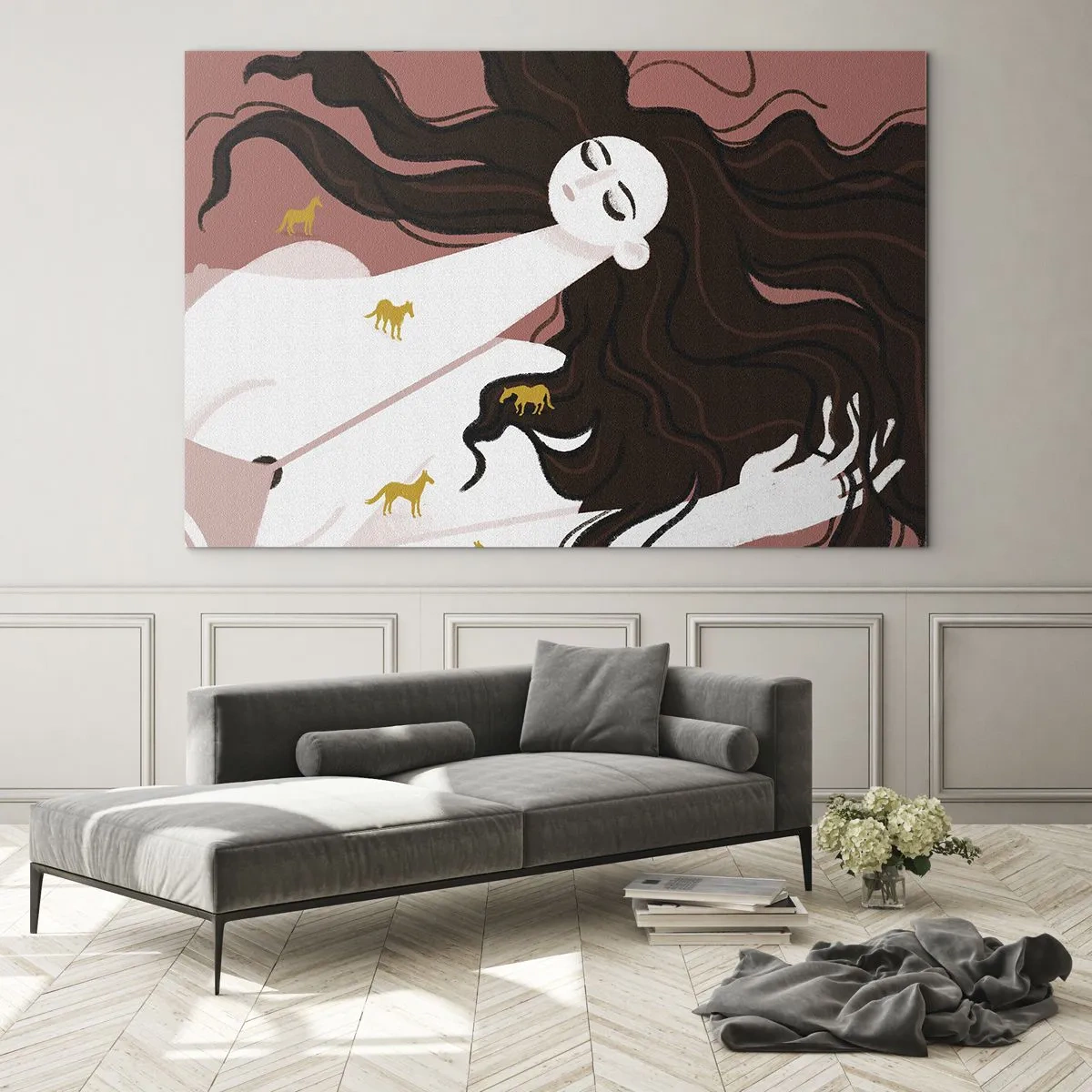 Obraz na skle - Žena s dlhými vlasmi a zlatými koňmi na ružovom pozadí. - 70x50cm - Sen o zlatom koni - Moderná nástenná dekorácia do obývacej izby a spálne ARTTOR