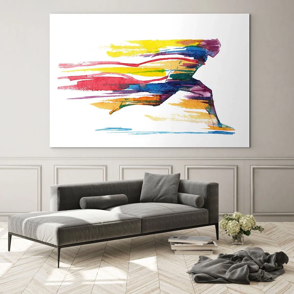 Obraz na skle - Abstraktná silueta bežca v dynamických farbách - 70x50cm - Dúhový beh - Moderná nástenná dekorácia do obývacej izby a spálne ARTTOR
