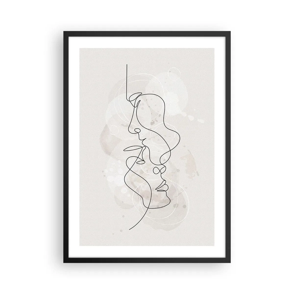 Plagát v čiernom ráme - Minimalistická tvárová maľba vytvorená jednou čiarou - 50x70cm - Zamotaní v objatí - Moderná nástenná dekorácia do obývacej izby a spálne ARTTOR