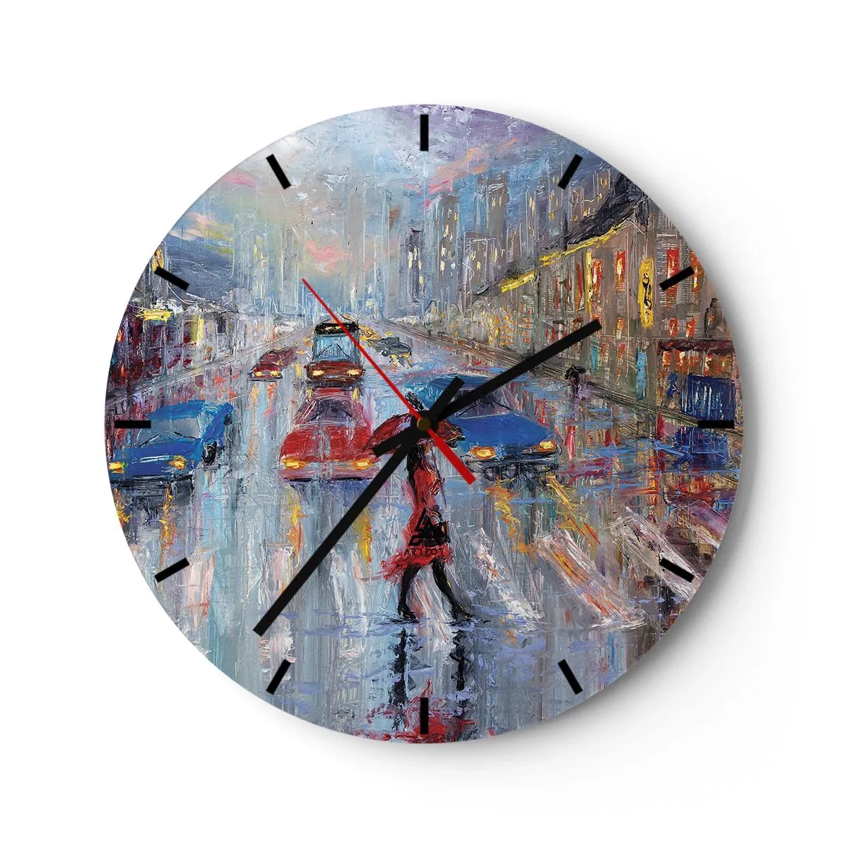 Nástenné hodiny - Mestská ulica v daždi s farebnými svetlami - 30x30cm - Daždivé popoludnie v meste - Moderná nástenná dekorácia do obývacej izby, kuchyne a spálne ARTTOR