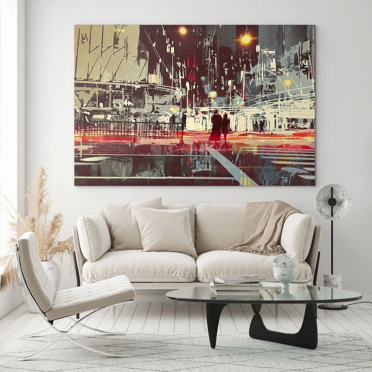 Obraz na skle - Nočná panoráma mesta s neónovými svetlami a siluetami okoloidúcich - 70x50cm - Veľkomestská doprava - Moderná nástenná dekorácia do obývacej izby a spálne ARTTOR