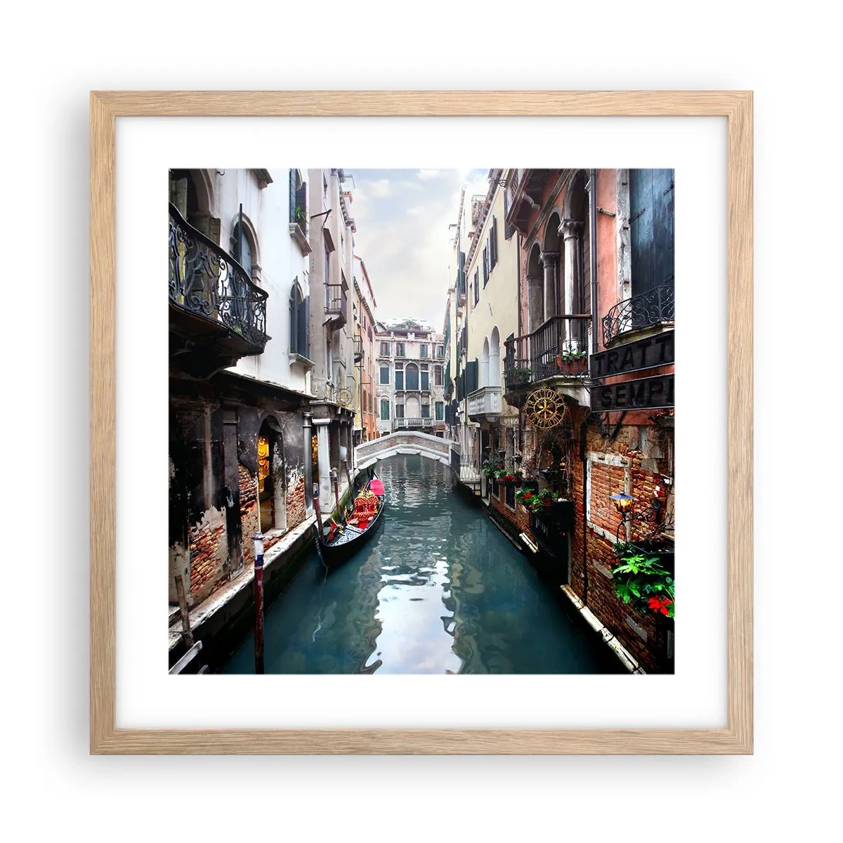 Plagát v ráme zo svetlého duba - Benátska krajina s gondolou a mostíkom - 40x40 cm