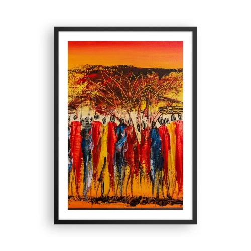 Plagát v čiernom ráme - Abstraktná africká scéna so žiarivými farbami - 50x70cm - Tam, tam, tam, tam idú - Moderná nástenná dekorácia do obývacej izby a spálne ARTTOR