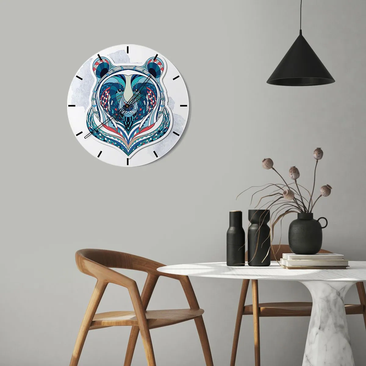 Nástenné hodiny - Farebný medveď v geometrickom štýle na bielom pozadí - 30x30cm - Eviva Grenlandia! - Moderná nástenná dekorácia do obývacej izby, kuchyne a spálne ARTTOR