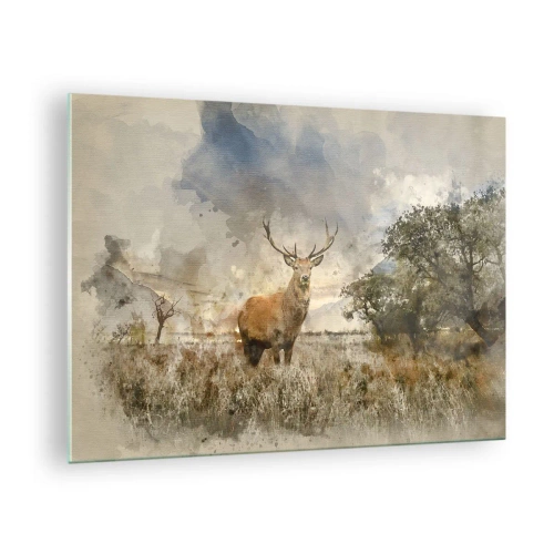 Obraz na skle - Jeleň v prírodnej krajine s jemnými farbami v pozadí - 70x50cm - Dôstojnosť - sila - majestátnosť - Moderná nástenná dekorácia do obývacej izby a spálne ARTTOR