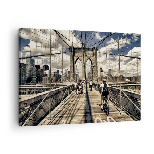 Obraz na plátne - Brooklynský most s výhľadom na chodcov a cyklistov - 70x50cm - Priamo do srdca mesta - Moderná nástenná dekorácia do obývacej izby a spálne ARTTOR