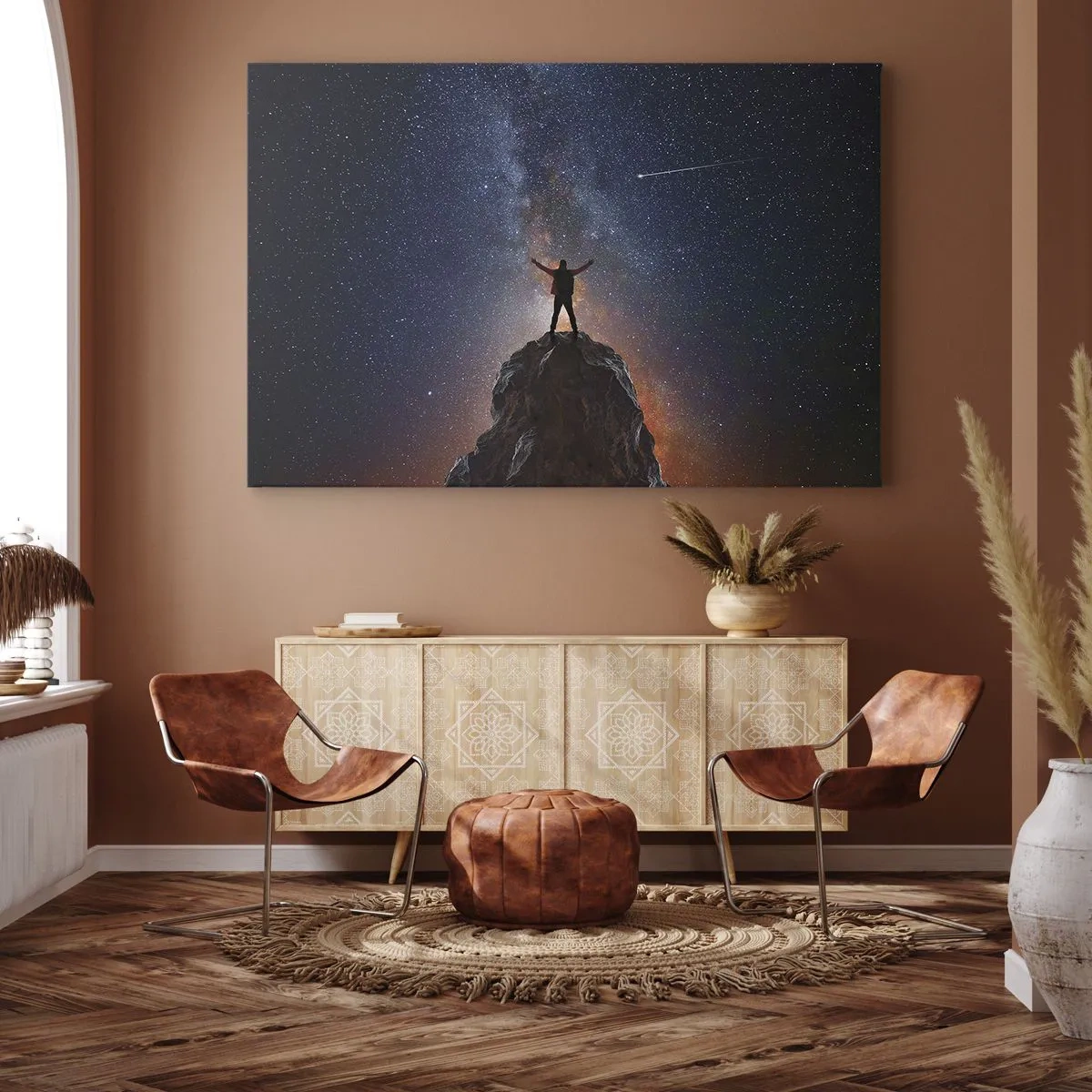 Obraz na plátne - Postava na vrchole hory pod hviezdnou oblohou - 70x50cm - Sila je so mnou! - Moderná nástenná dekorácia do obývacej izby a spálne ARTTOR