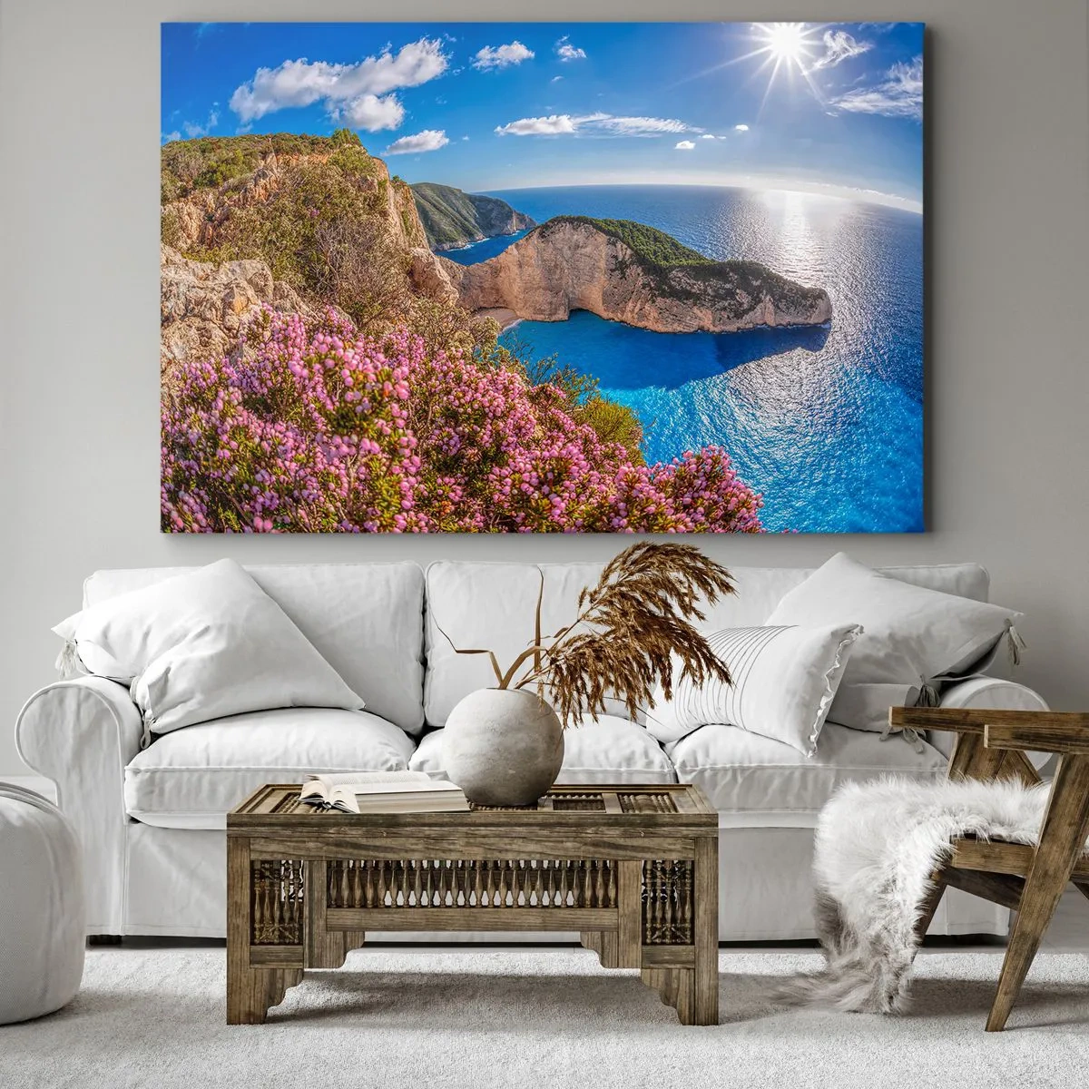 Obraz na plátne - Útes s kvetmi, tyrkysové more a slnečná grécka krajina - 70x50cm - Moje veľké grécke prázdniny - Moderná nástenná dekorácia do obývacej izby a spálne ARTTOR