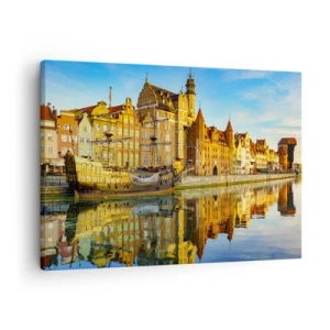 Obraz na plátne - Malebný výhľad na staré mesto s plachetnicou a vodou - 70x50cm - Zrkadlový odraz minulosti - Moderná nástenná dekorácia do obývacej izby a spálne ARTTOR
