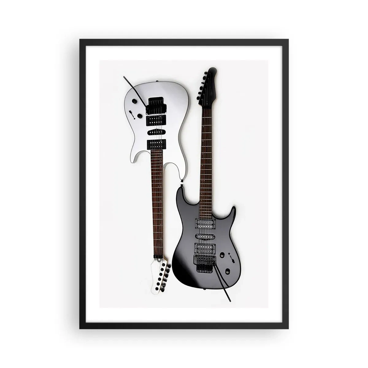 Plagát v čiernom ráme - Moderné elektrické gitary na bielom pozadí - 50x70cm - Harmónia tvarov - Moderná nástenná dekorácia do obývacej izby a spálne ARTTOR
