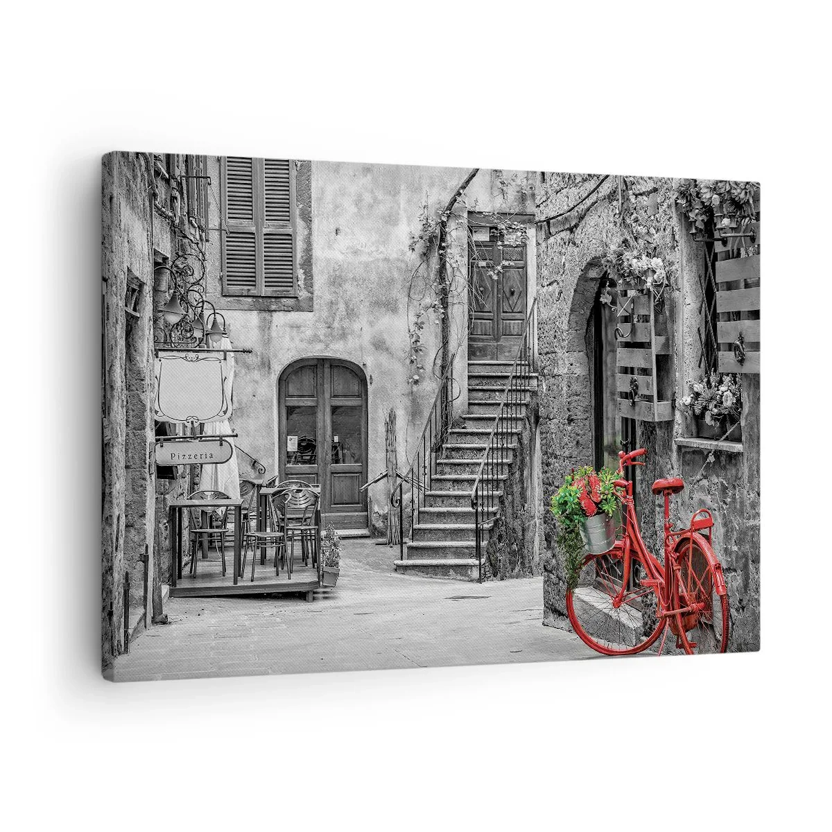 Obraz na plátne - Červený bicykel na čiernobielej ulici - 70x50cm - Toskánska ulička - Moderná nástenná dekorácia do obývacej izby a spálne ARTTOR
