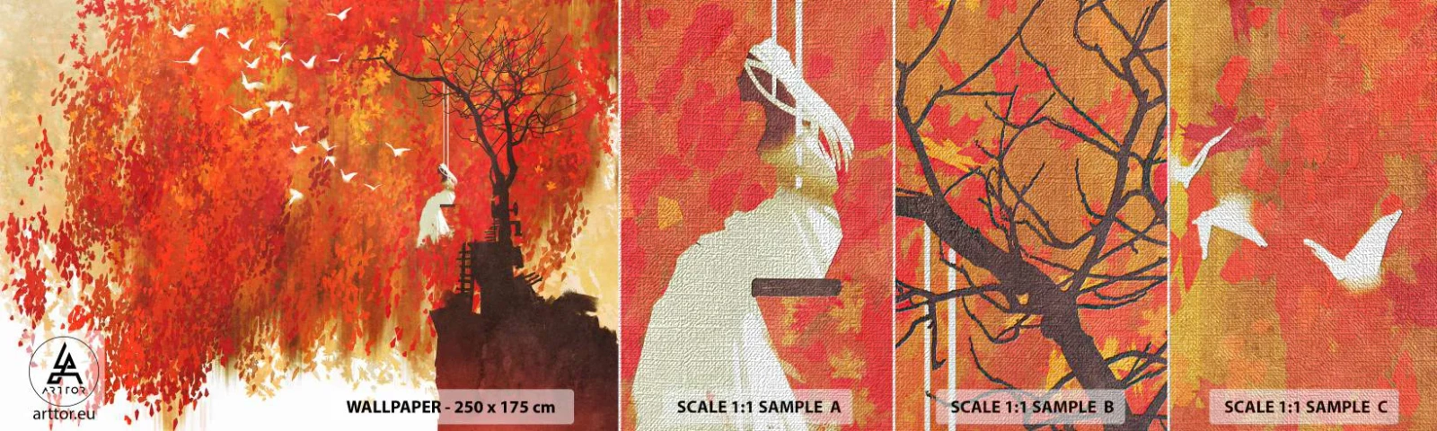 Vzorka fototapety Premium Canvas - Poletí s nimi? - Abstrakcia, Žena, Vtáky - 100x30 cm