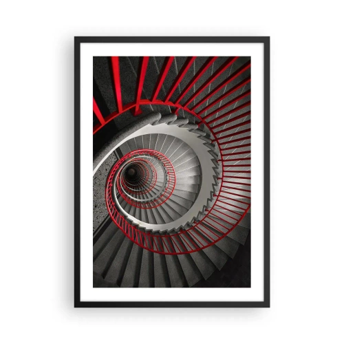 Plagát v čiernom ráme - Točité schodisko v čiernej a bielej farbe s červeným zábradlím - 50x70cm - Architektonické hry - Moderná nástenná dekorácia do obývacej izby a spálne ARTTOR