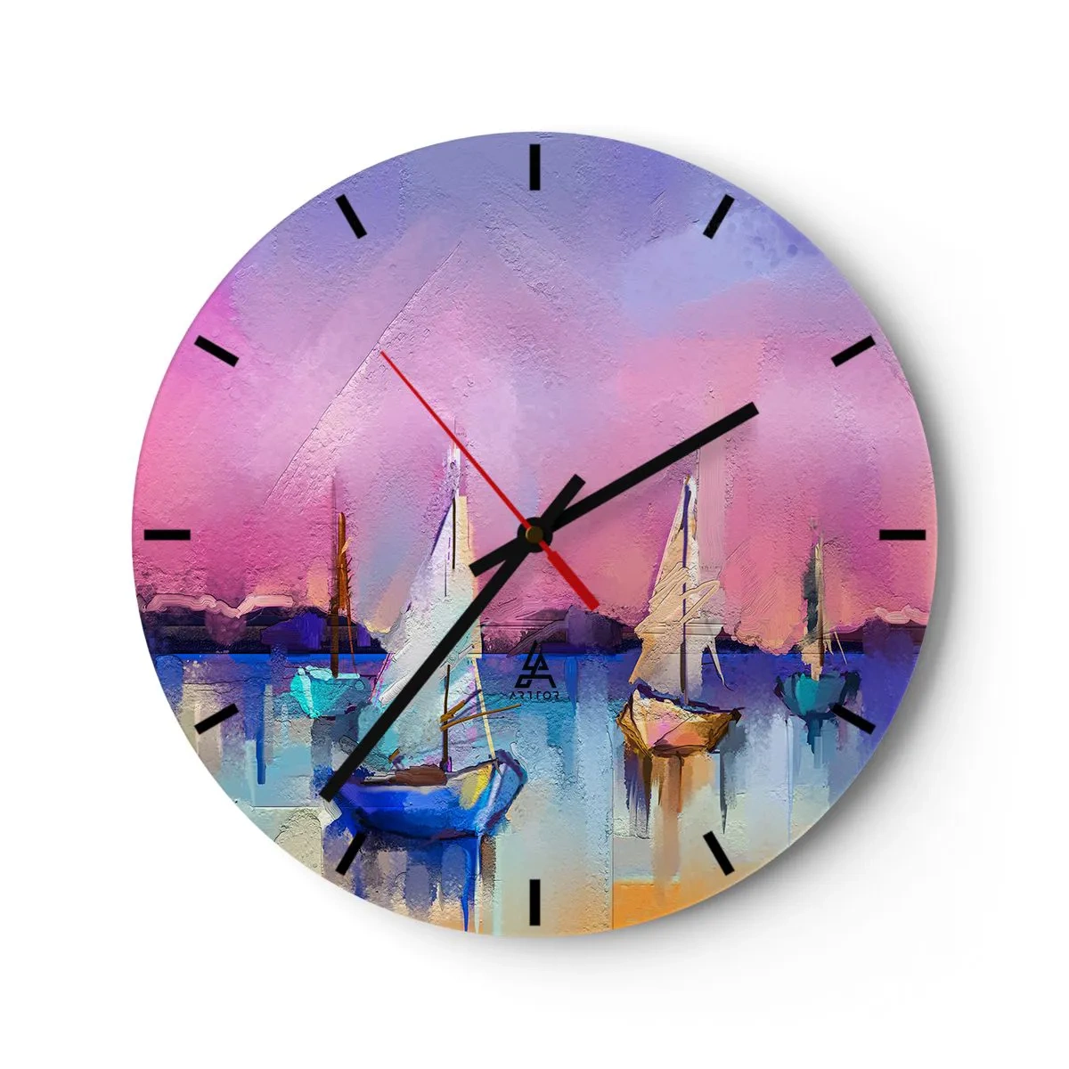 Nástenné hodiny - Abstraktný prístav s plachetnicami v pastelových farbách - 30x30cm - Smer: široká voda - Moderná nástenná dekorácia do obývacej izby, kuchyne a spálne ARTTOR