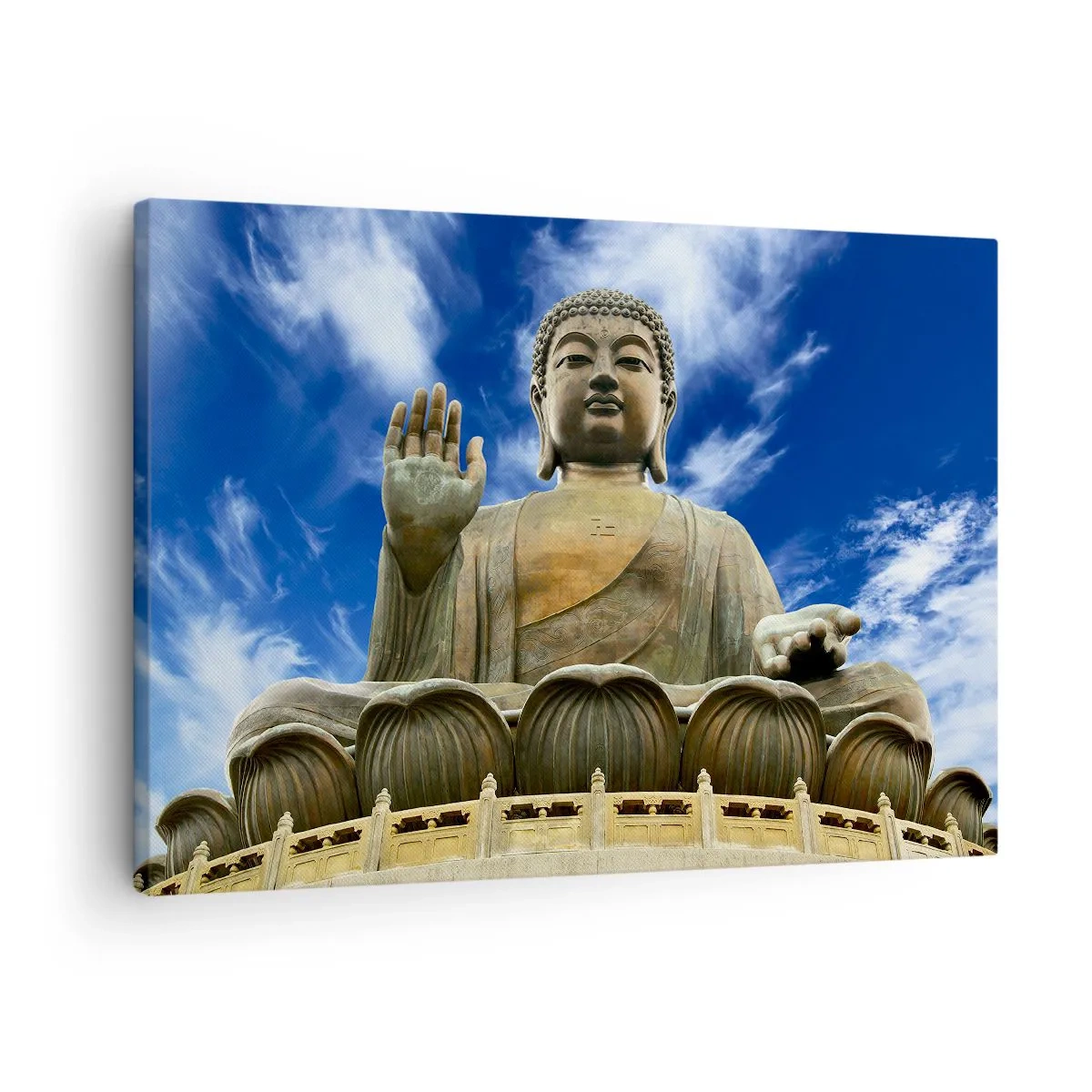 Obraz na plátne - Monumentálna socha Budhu proti modrej oblohe s oblakmi - 70x50cm - Ži bez strachu - Moderná nástenná dekorácia do obývacej izby a spálne ARTTOR
