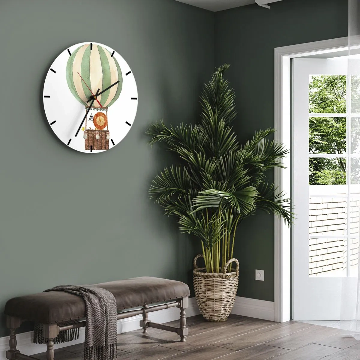 Nástenné hodiny - Lev a kačica v balóne na bielom pozadí - 30x30cm - Leonove cesty - Moderná nástenná dekorácia do obývacej izby, kuchyne a spálne ARTTOR