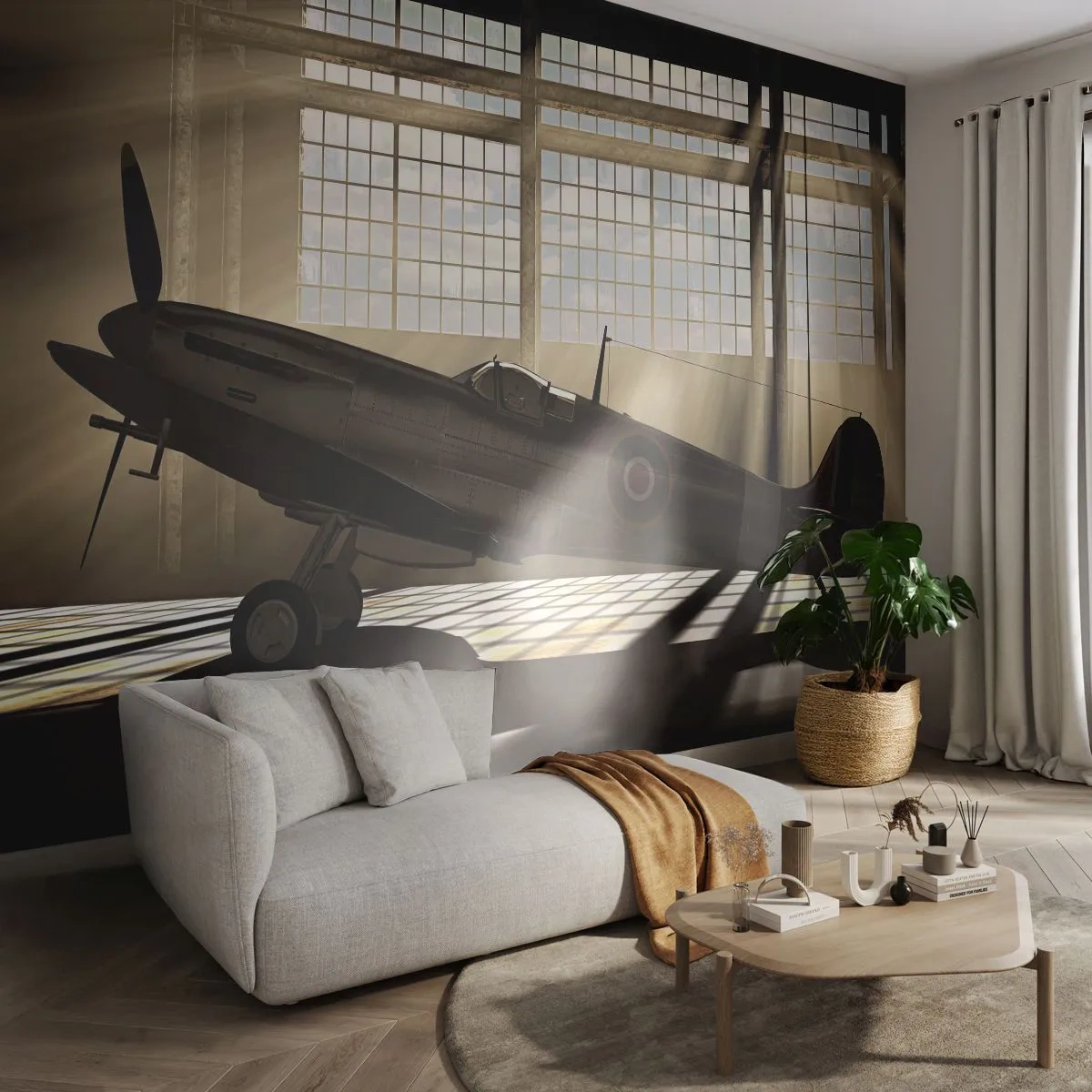 Fototapeta Standard Eco - Staré lietadlo v hangári pod svetlom reflektorov - 100x70cm - Odpočinok bojovníka - Moderná nástenná dekorácia do obývacej izby a spálne ARTTOR