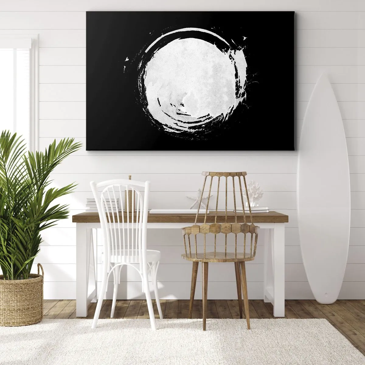 Obraz na plátne - Biely kruh na čiernom pozadí v minimalistickom štýle. - 70x50cm - Správne riešenie - Moderná nástenná dekorácia do obývacej izby a spálne ARTTOR