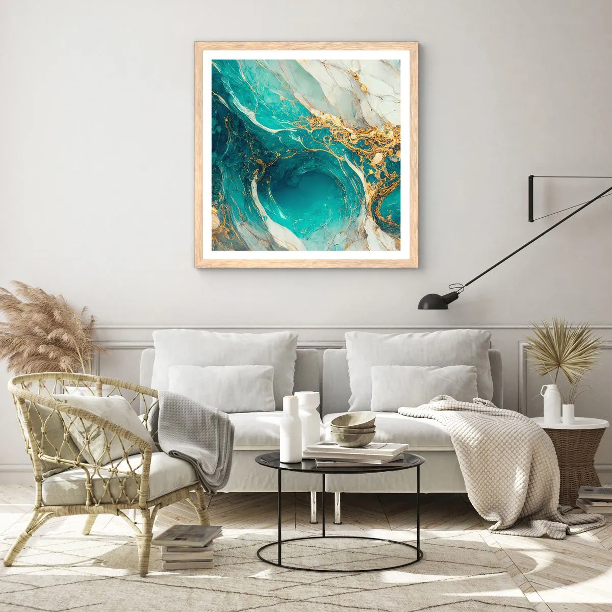 Plagát v ráme zo svetlého duba - Kompozícia so zlatými žilami - 40x40 cm