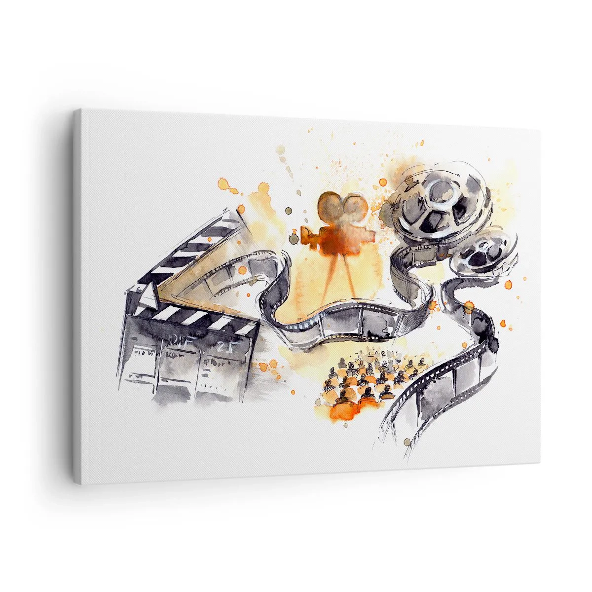 Obraz na plátne - Symbolika kina s filmovým pásom v umeleckom akvarelovom vzore - 70x50cm - V krajine snov - Moderná nástenná dekorácia do obývacej izby a spálne ARTTOR