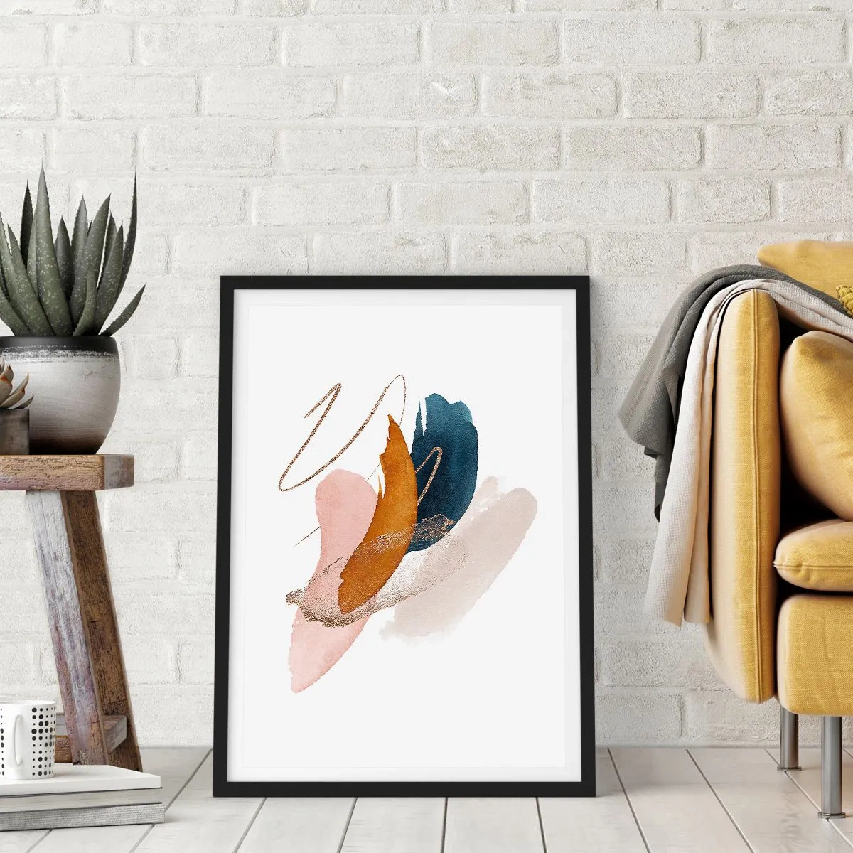 Plagát v čiernom ráme - Jemná abstrakcia v pastelových odtieňoch - 50x70cm - Okrídlená kompozícia - Moderná nástenná dekorácia do obývacej izby a spálne ARTTOR
