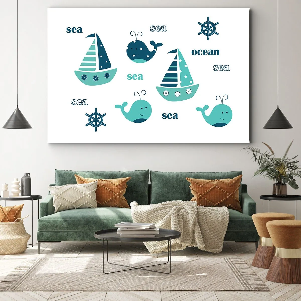 Obraz na plátne - Očarujúce námorné motívy s veľrybami a plachetnicami - 70x50cm - Cez mora a oceány - Moderná nástenná dekorácia do obývacej izby a spálne ARTTOR