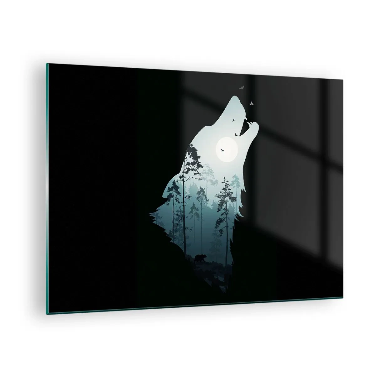 Obraz na skle - Silueta vlka s lesom a mesiacom v pozadí na čiernom pozadí - 70x50cm - Hlas lesnej noci - Moderná nástenná dekorácia do obývacej izby a spálne ARTTOR