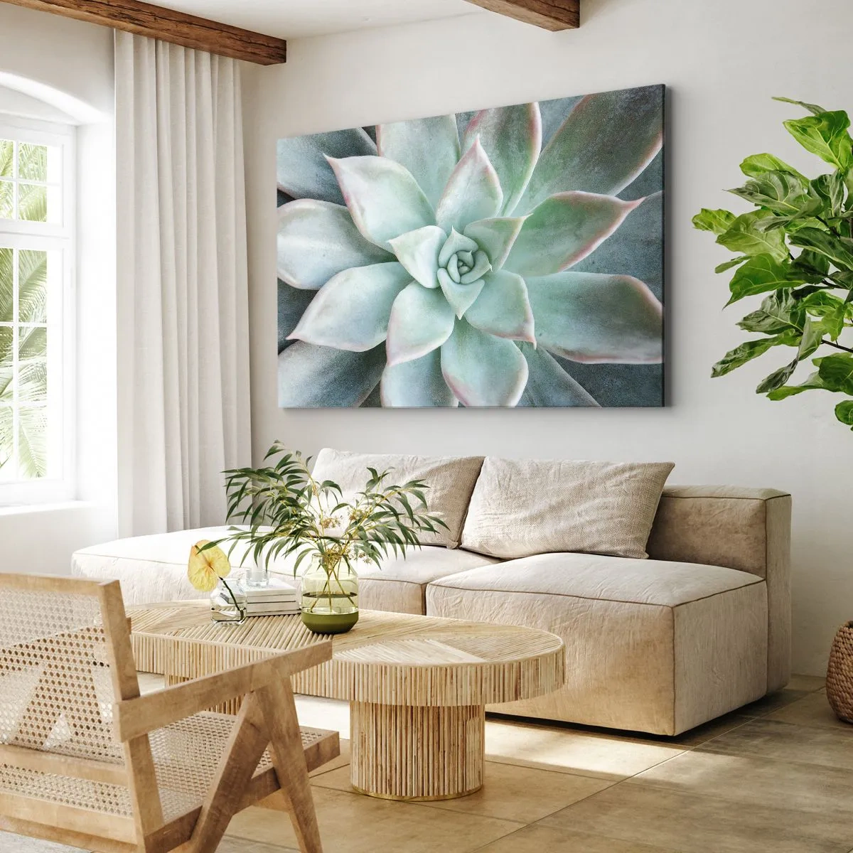 Obraz na plátne - Detailný záber na zelený sukulent - 70x50cm - Srdce púšte - Moderná nástenná dekorácia do obývacej izby a spálne ARTTOR