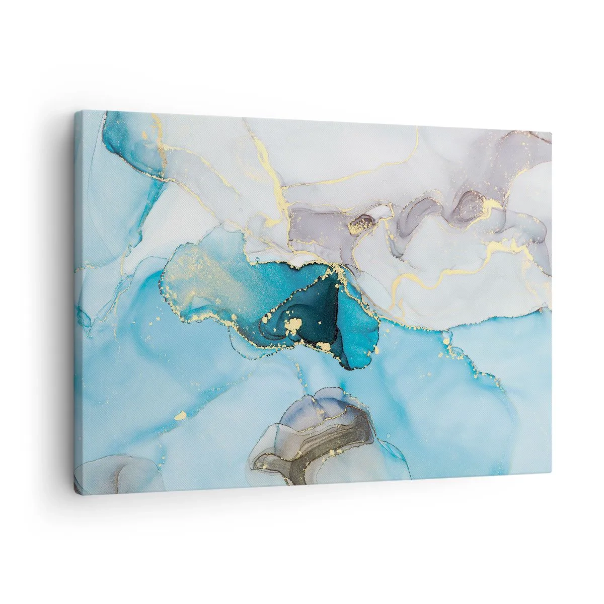 Obraz na plátne - Abstrakcia v odtieňoch modrej a zlatej s jemnými líniami - 70x50cm - Štúdia o stretnutí šedej a tyrkysovej - Moderná nástenná dekorácia do obývacej izby a spálne ARTTOR
