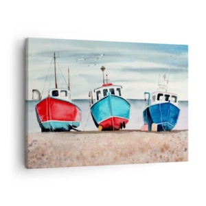 Obraz na plátne - Farebné rybárske lode na brehu v prímorskej krajine - 70x50cm - Pripravené na úlovok - Moderná nástenná dekorácia do obývacej izby a spálne ARTTOR