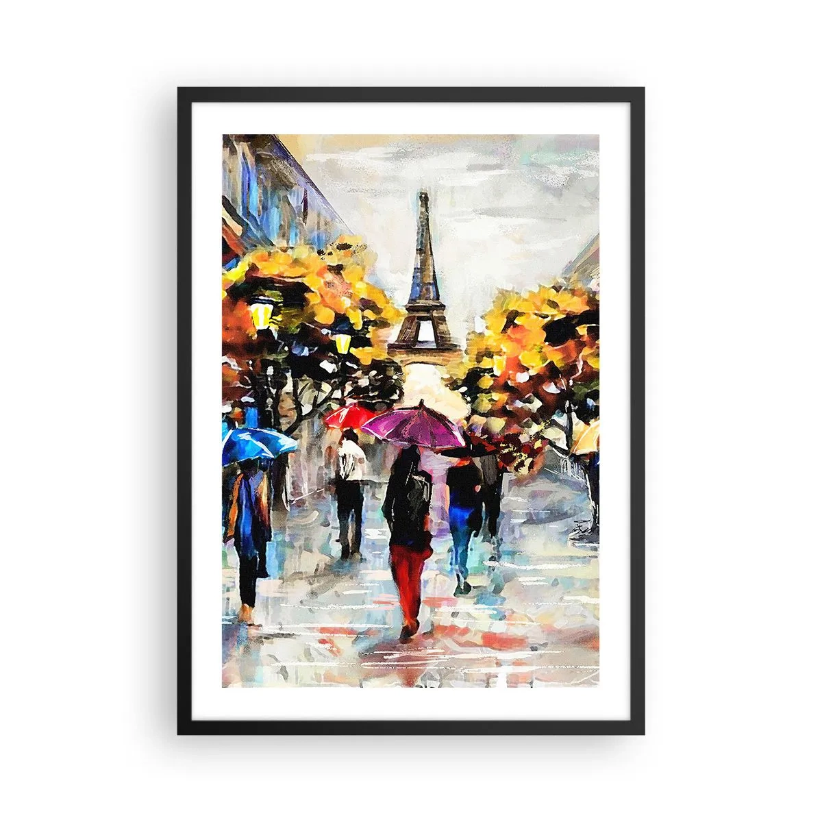 Plagát v čiernom ráme - Eiffelova veža v jesennej krajine s farebnými dáždnikmi - 50x70cm - Na jeseň obzvlášť krásny - Moderná nástenná dekorácia do obývacej izby a spálne ARTTOR