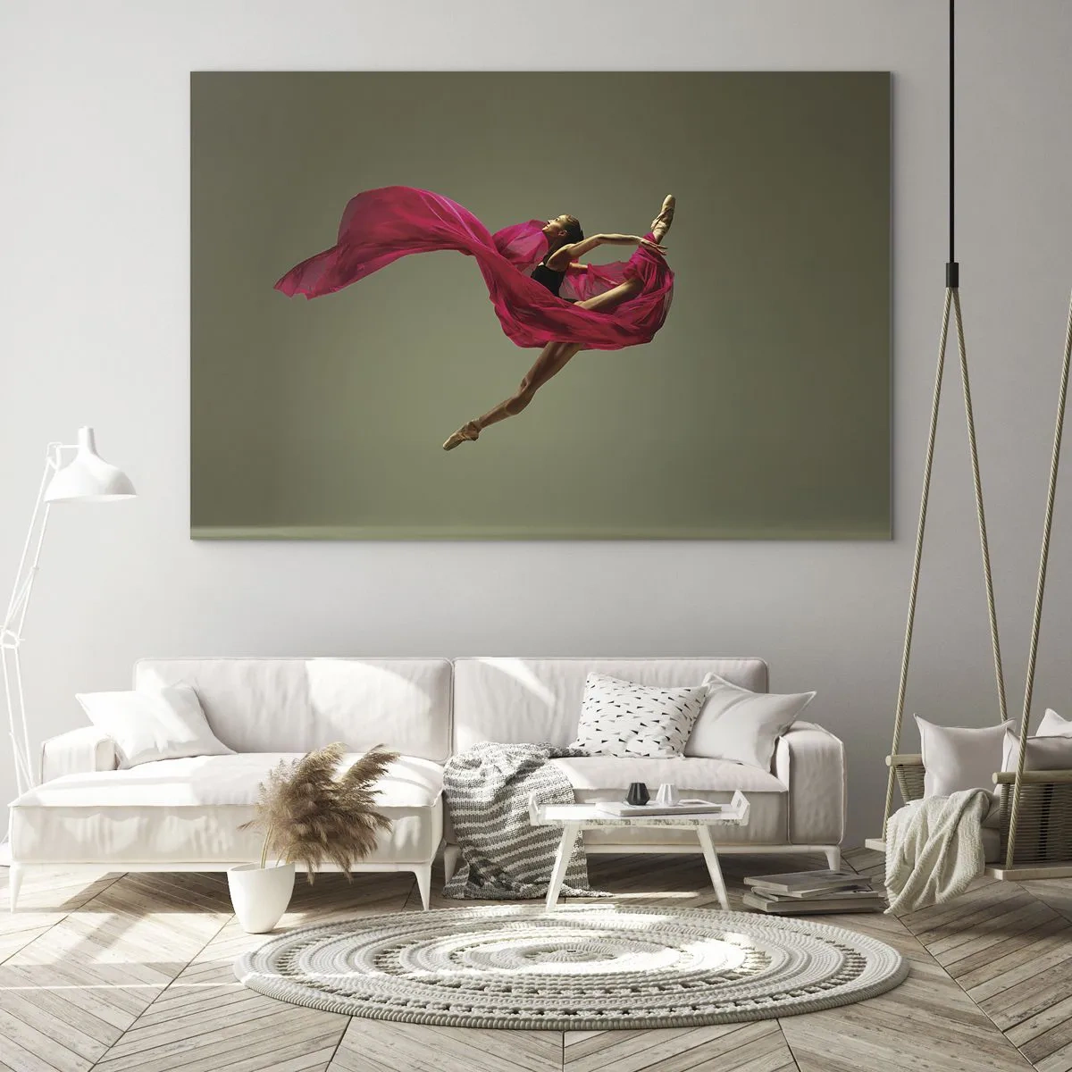 Obraz na skle - Tanečník za letu s rozplývajúcou sa fuchsiovou látkou - 70x50cm - Tancujúci plameň - Moderná nástenná dekorácia do obývacej izby a spálne ARTTOR
