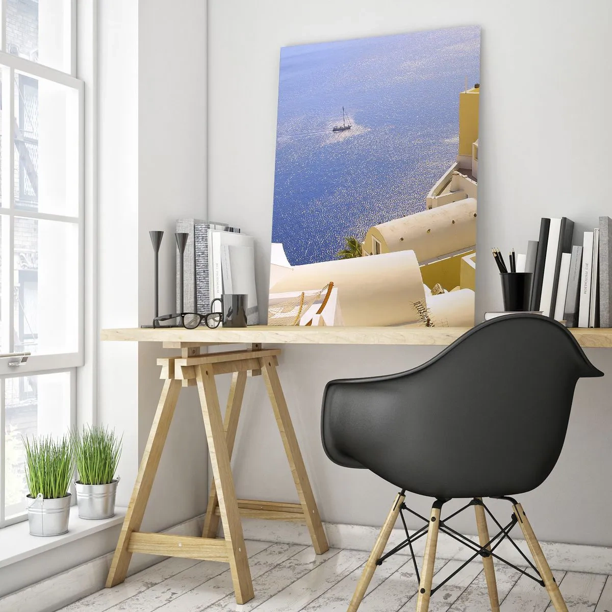 Obraz na skle - Grécka krajina v bielej a blankytnej - 70x100 cm