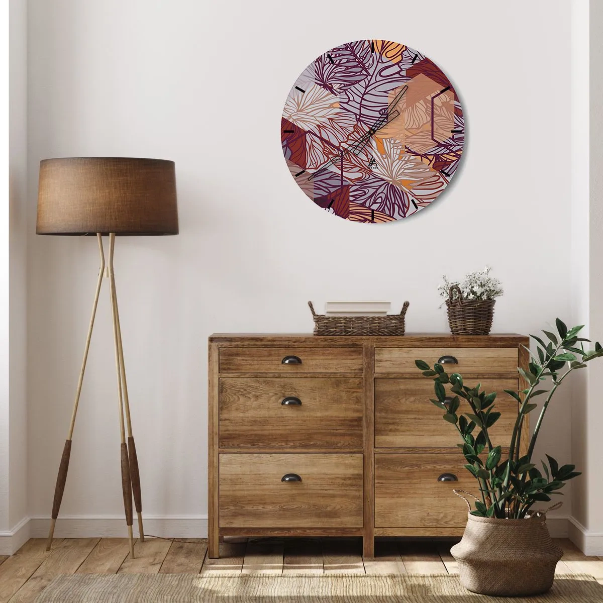 Nástenné hodiny - Abstraktné listy v odtieňoch fialovej, oranžovej a béžovej - 30x30cm - Nemožný vzťah medzi geometriou a prírodou - Moderná nástenná dekorácia do obývacej izby, kuchyne a spálne ARTTOR