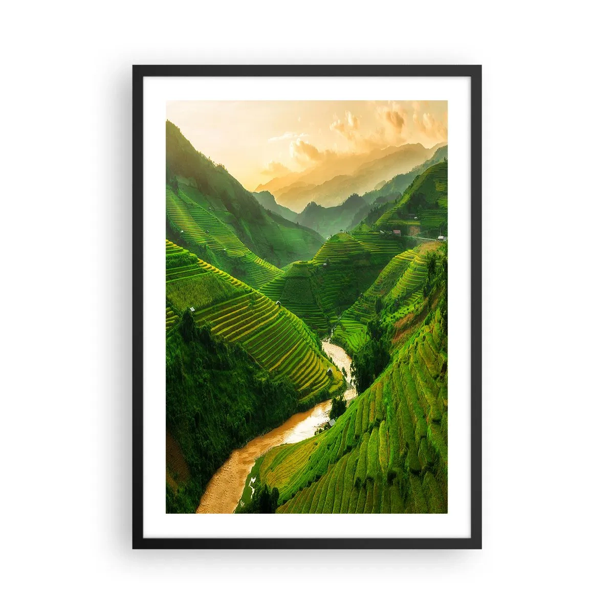 Plagát v čiernom ráme - Malebné ryžové terasy v zelenom údolí - 50x70cm - Vietnamské údolie - Moderná nástenná dekorácia do obývacej izby a spálne ARTTOR