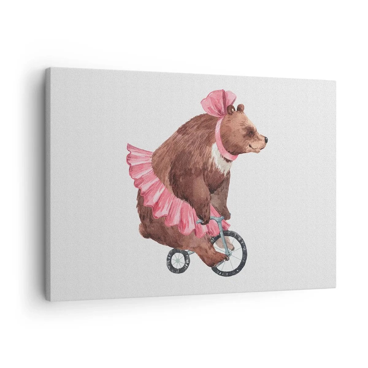 Obraz na plátne - Plyšový medvedík v ružovej sukni na bicykli v retro štýle - 70x50cm - To je ale cirkus! - Moderná nástenná dekorácia do obývacej izby a spálne ARTTOR