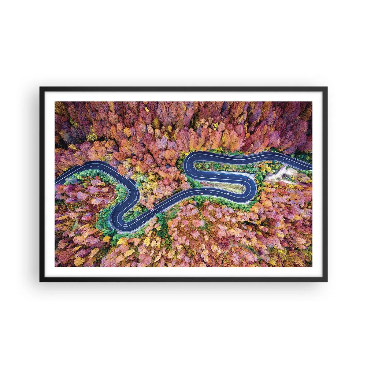 Plagát v čiernom ráme - Kľukatá cesta lesom - 91x61 cm