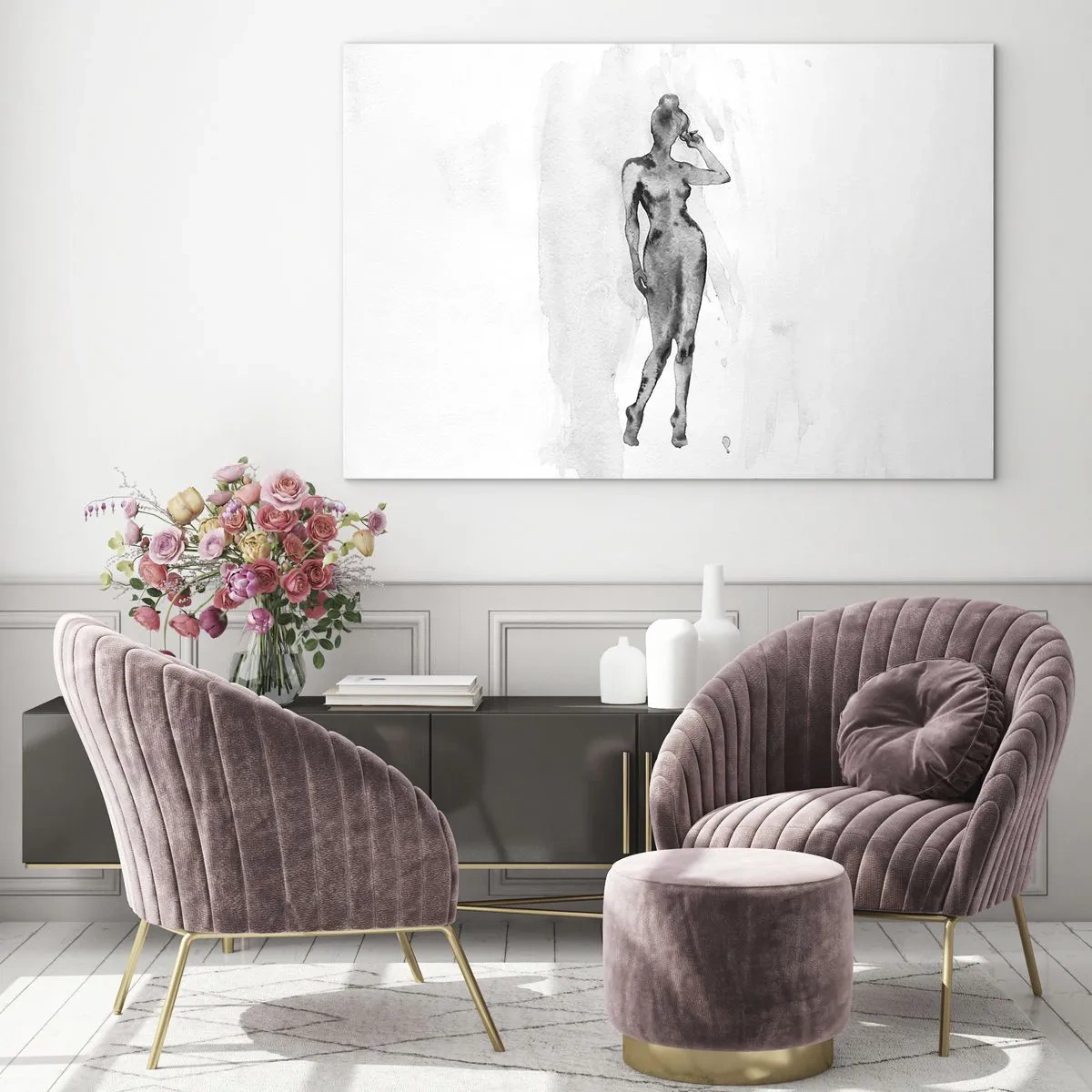 Obraz na skle - Silueta ženy v odtieňoch sivej na bielom pozadí - 70x50cm - Štúdia o ideáli ženskosti - Moderná nástenná dekorácia do obývacej izby a spálne ARTTOR