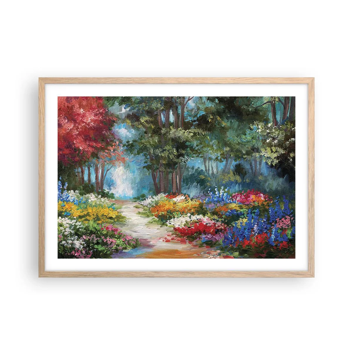 Plagát v ráme zo svetlého duba - Lesná záhrada, kvetinový les - 70x50 cm