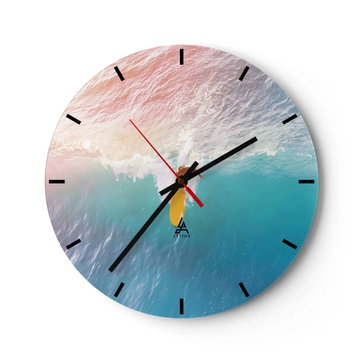 Nástenné hodiny - Surfer jazdiaci na vlne v tyrkysovom oceáne - 30x30cm - Oceanický jazdec - Moderná nástenná dekorácia do obývacej izby, kuchyne a spálne ARTTOR